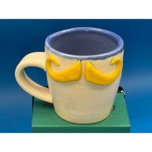 Blue Spruce Hand Thrown Pottery Yellow Mustache Mug 12 oz Moustache whiskers vtg